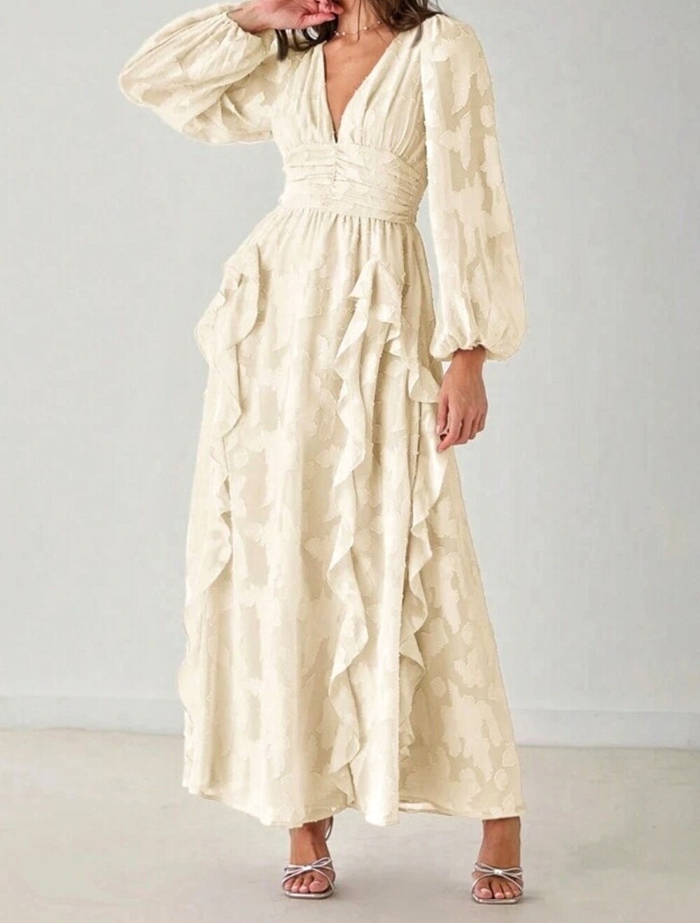 New Flowy Jacquard Ruffle Lantern Sleeve Ruched Waist Maxi Dress Ivory Cream - Picture 4 of 11
